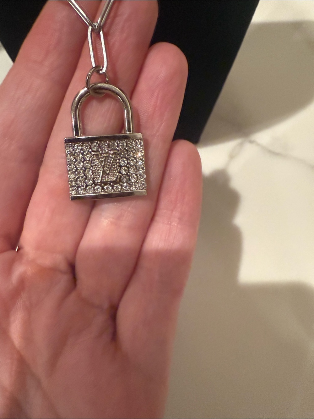 Upcycled LV Silver Paperclip Chain Necklace with upcycled LV lock pendant